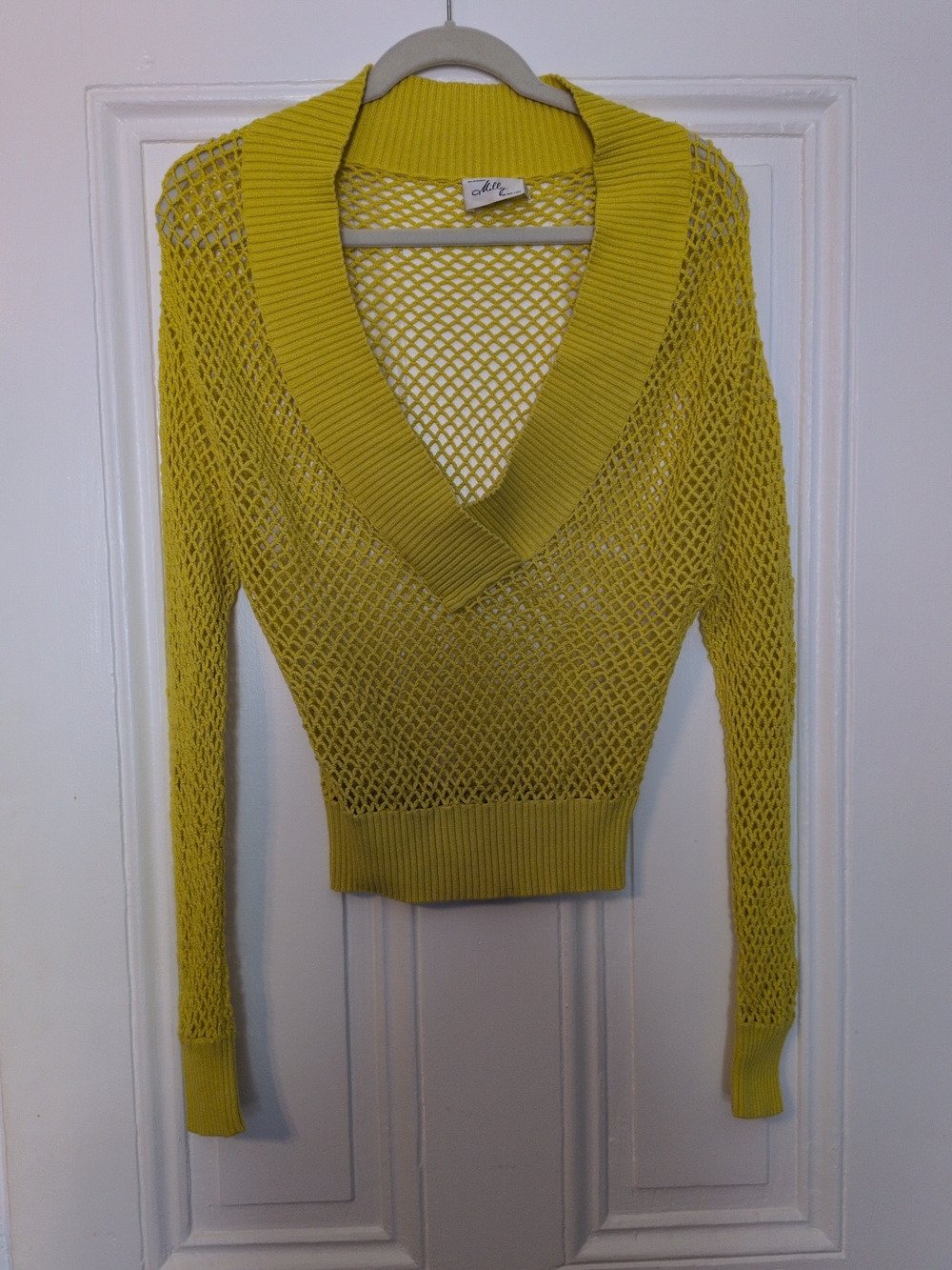 Milly Open-Knit V-Neck Sweater in Yellow